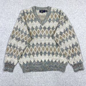 Vintage 90s Sweater‎ Mens XL Textured Geometric V-Neck Pullover Colorful Leroy